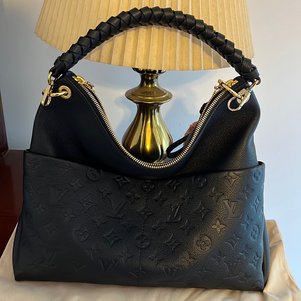 Louis Vuitton Black Embossed Monogram Maida Hobo Bag with Braided Handle.